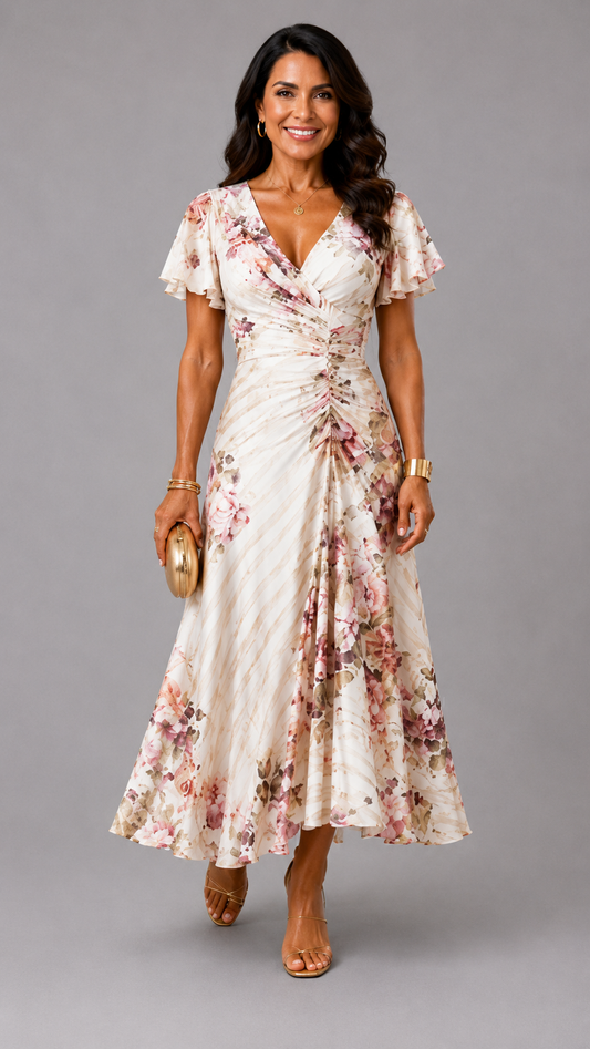 Alba | Vestido Midi Envolvente Fruncido Floral Elegante