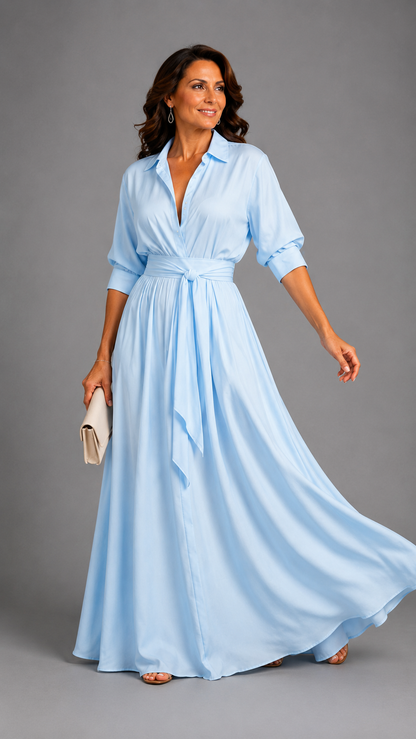 Zelith | Vestido Midi Elegante con Cinturón y Cuello Camisero
