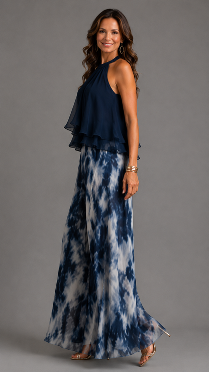 Ludovica | Conjunto de top halter azul marino elegante y pantalón ancho estampado