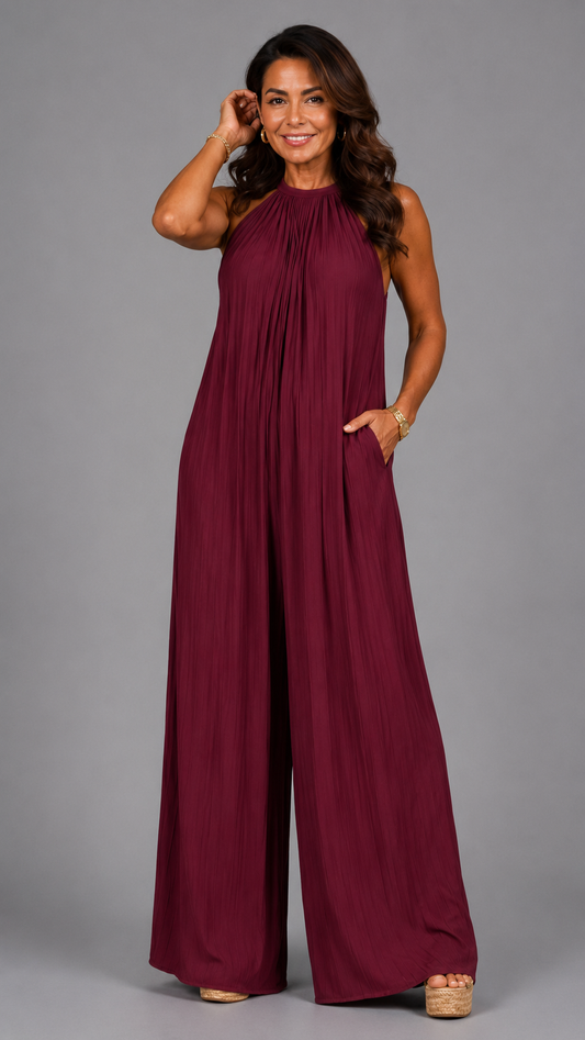Sylvara | Jumpsuit Elegante de Pierna Amplia y Cuello Halter