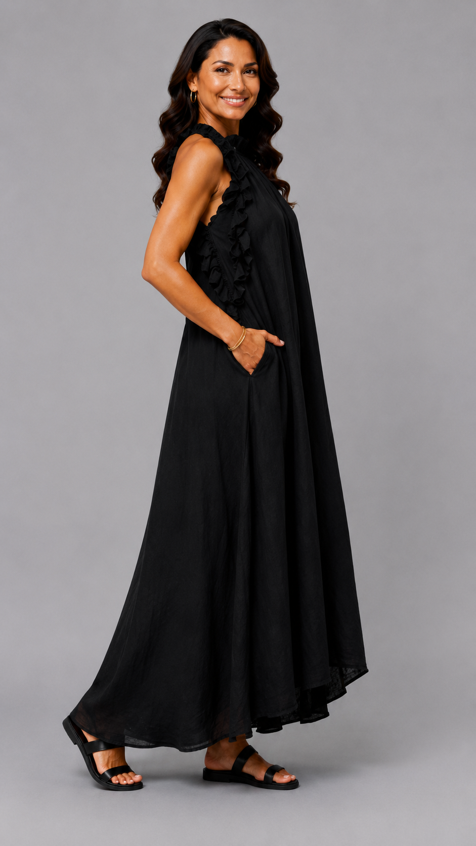 Fernanda | Vestido Largo Sin Mangas de Lino con Volantes