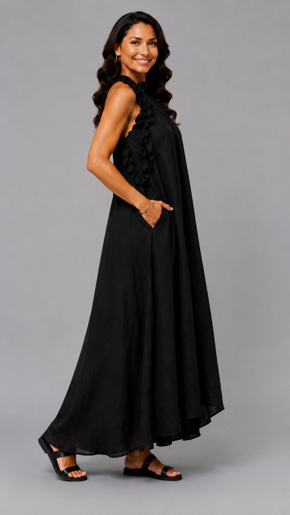 Fernanda | Vestido Largo Sin Mangas de Lino con Volantes
