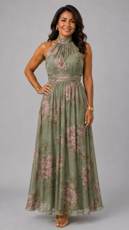 Serena · Vestido largo verde floral de gasa con escote halter