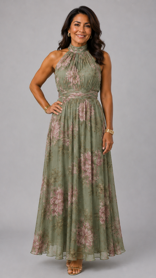 Serena · Vestido largo verde floral de gasa con escote halter