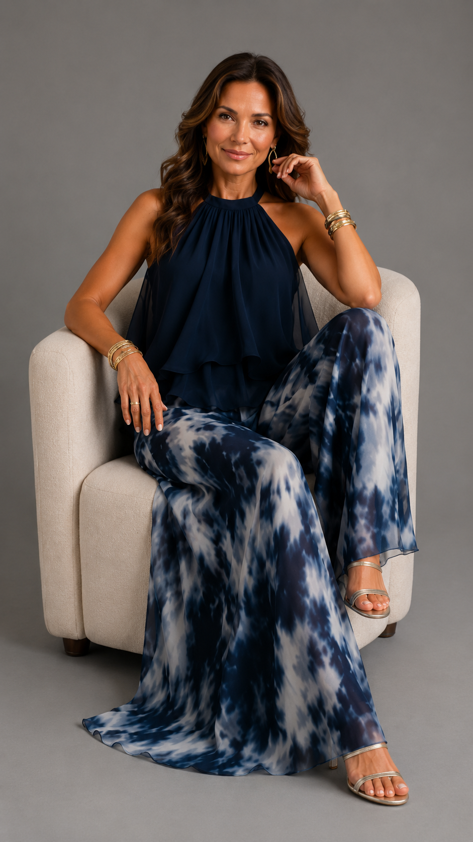 Ludovica | Conjunto de top halter azul marino elegante y pantalón ancho estampado