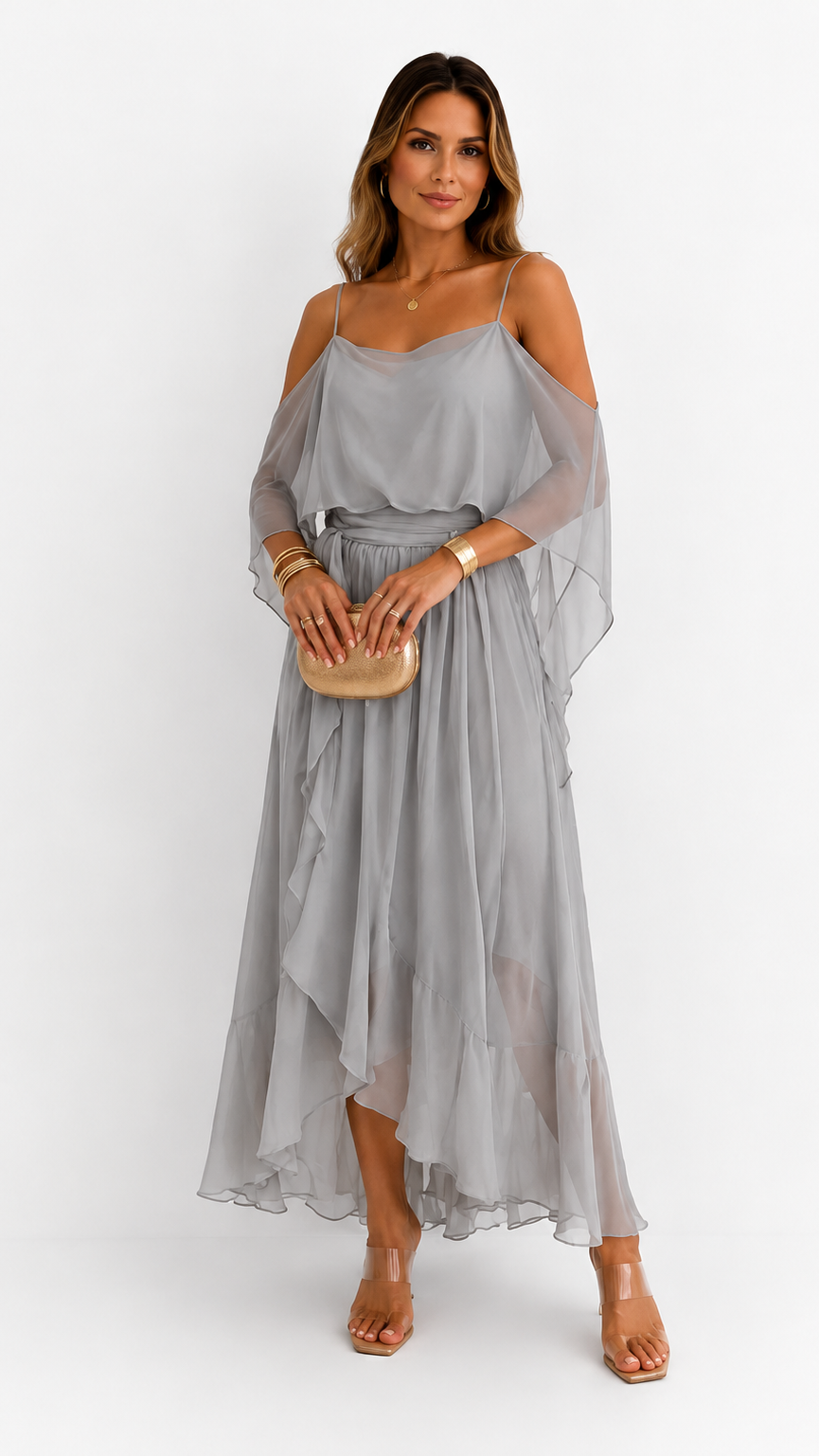 Isabela | Conjunto fluido gris con top de tirantes finos y pantalón ligero