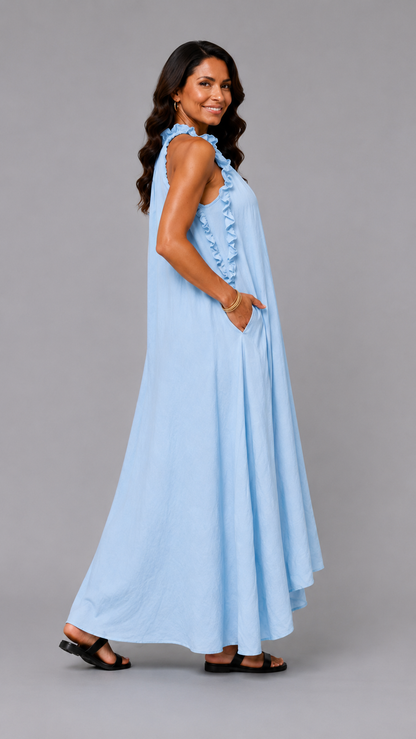 Fernanda | Vestido Largo Sin Mangas de Lino con Volantes