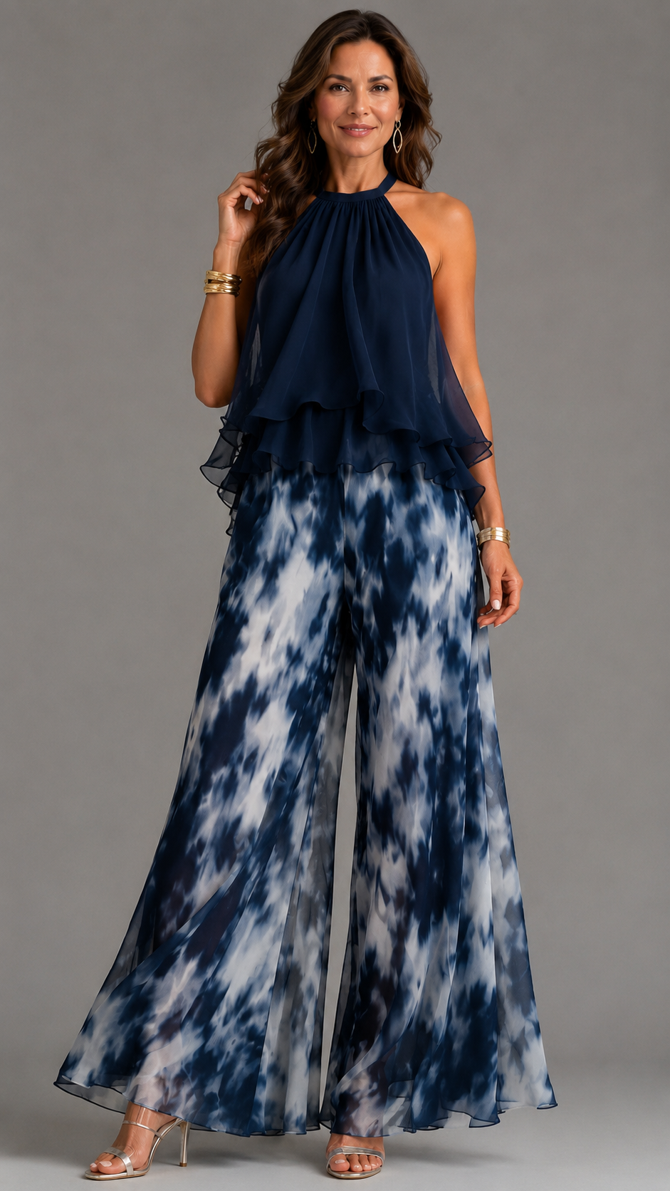Ludovica | Conjunto de top halter azul marino elegante y pantalón ancho estampado