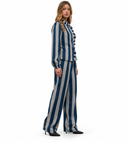 Conjunto Valentina | Blusa de Rayas con Volantes y Pantalón Palazzo