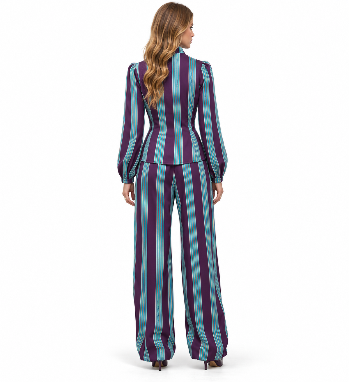 Conjunto Valentina | Blusa de Rayas con Volantes y Pantalón Palazzo