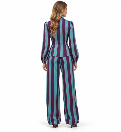 Conjunto Valentina | Blusa de Rayas con Volantes y Pantalón Palazzo