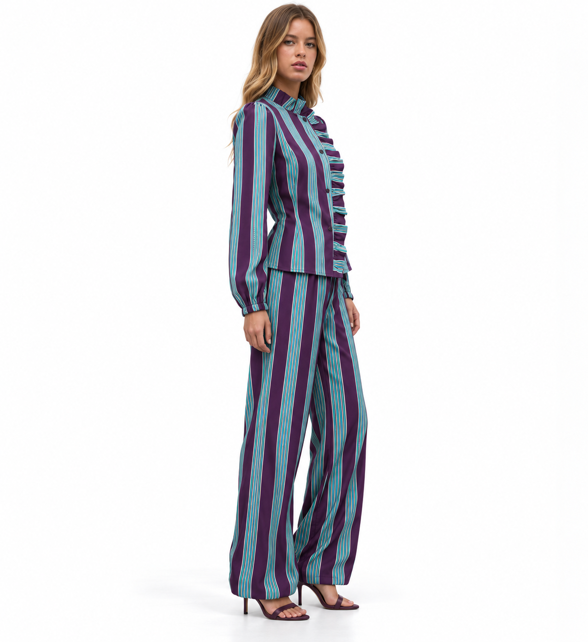 Conjunto Valentina | Blusa de Rayas con Volantes y Pantalón Palazzo