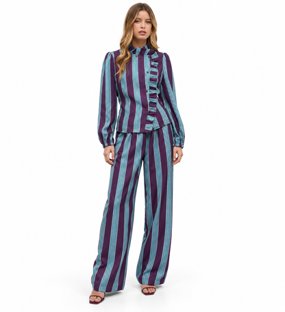 Conjunto Valentina | Blusa de Rayas con Volantes y Pantalón Palazzo