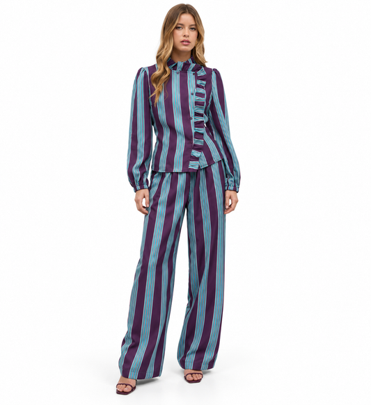 Conjunto Valentina | Blusa de Rayas con Volantes y Pantalón Palazzo