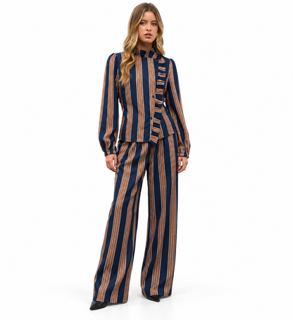 Conjunto Valentina | Blusa de Rayas con Volantes y Pantalón Palazzo