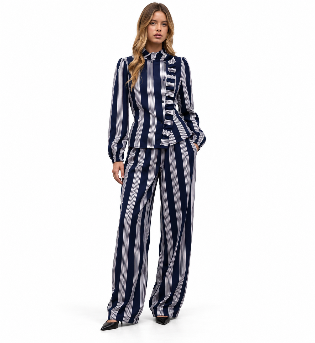 Conjunto Valentina | Blusa de Rayas con Volantes y Pantalón Palazzo