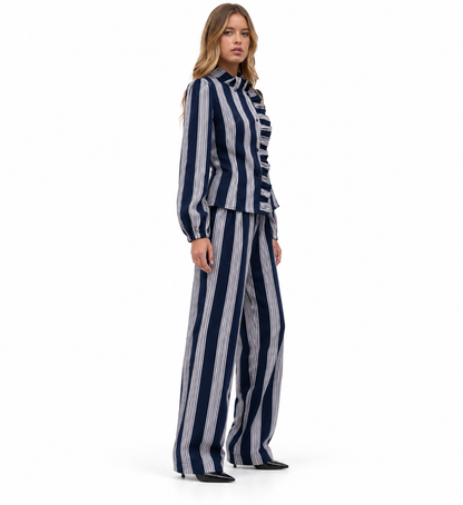 Conjunto Valentina | Blusa de Rayas con Volantes y Pantalón Palazzo