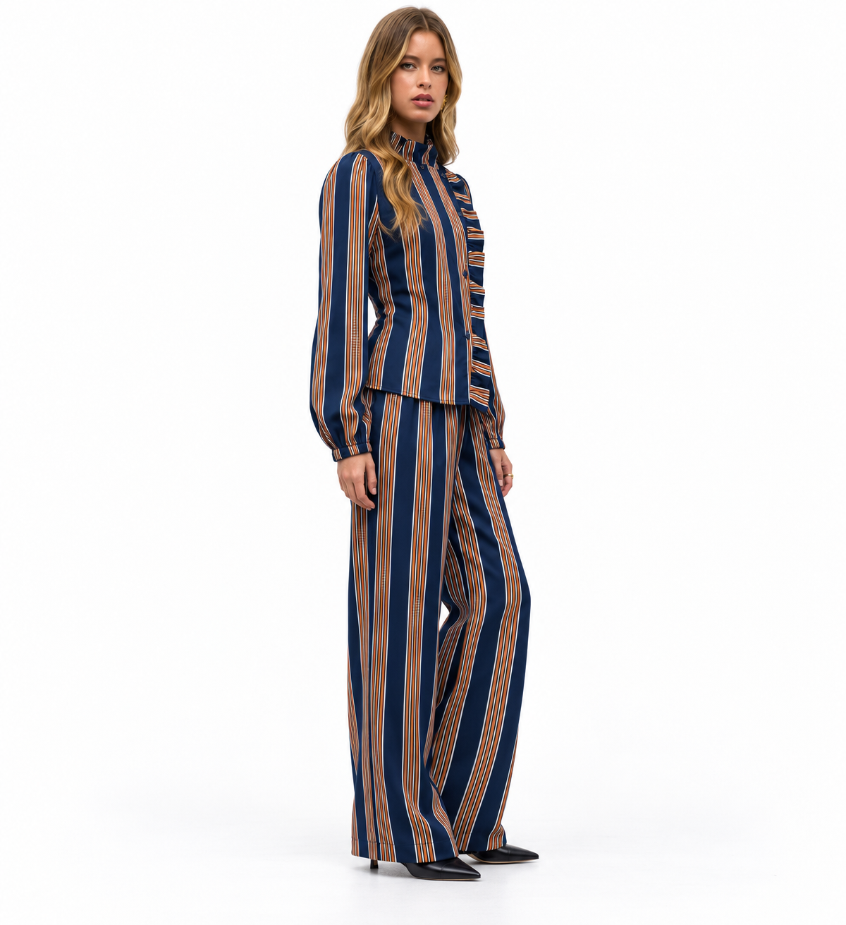 Conjunto Valentina | Blusa de Rayas con Volantes y Pantalón Palazzo