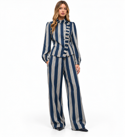 Conjunto Valentina | Blusa de Rayas con Volantes y Pantalón Palazzo