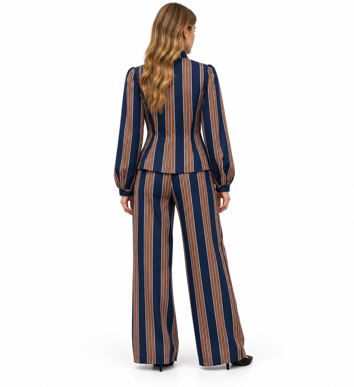 Conjunto Valentina | Blusa de Rayas con Volantes y Pantalón Palazzo