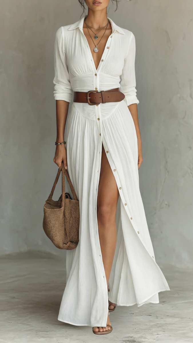 Vestido Maxi Largo de Lino con Cuello Solapa y Manga Larga para Mujer