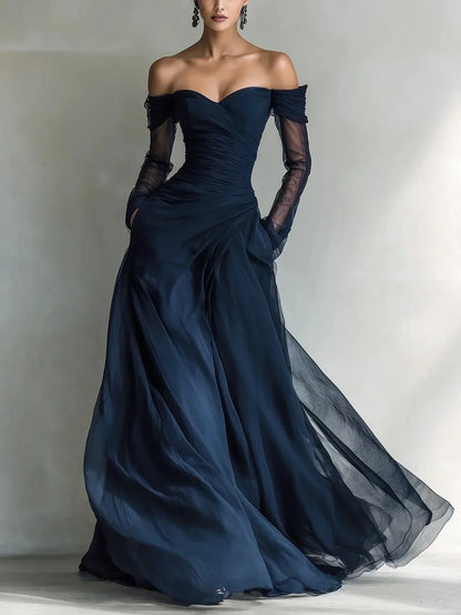 Eleonora | Vestido largo con hombros descubiertos y detalles de malla