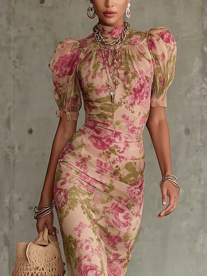 Fiora ∙ Vestido largo con estampado vintage de rosas y mangas abullonadas